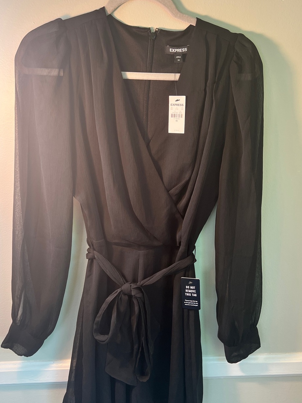 Express Black Long-Sleeve Sheer Wrap Romper